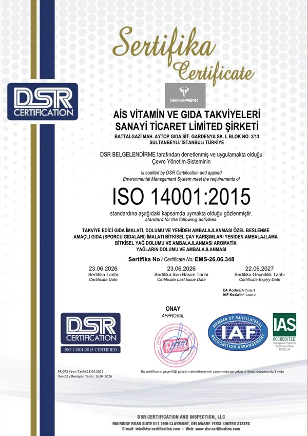 ISO 14001:2015 belgesinin ilk sayfası