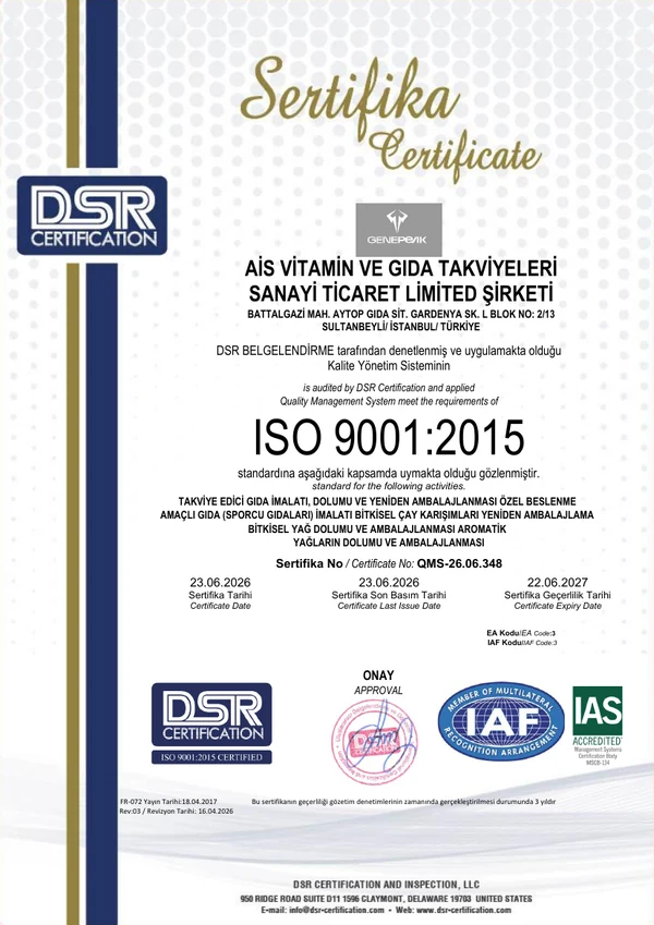 ISO 9001:2015 belgesinin ilk sayfası